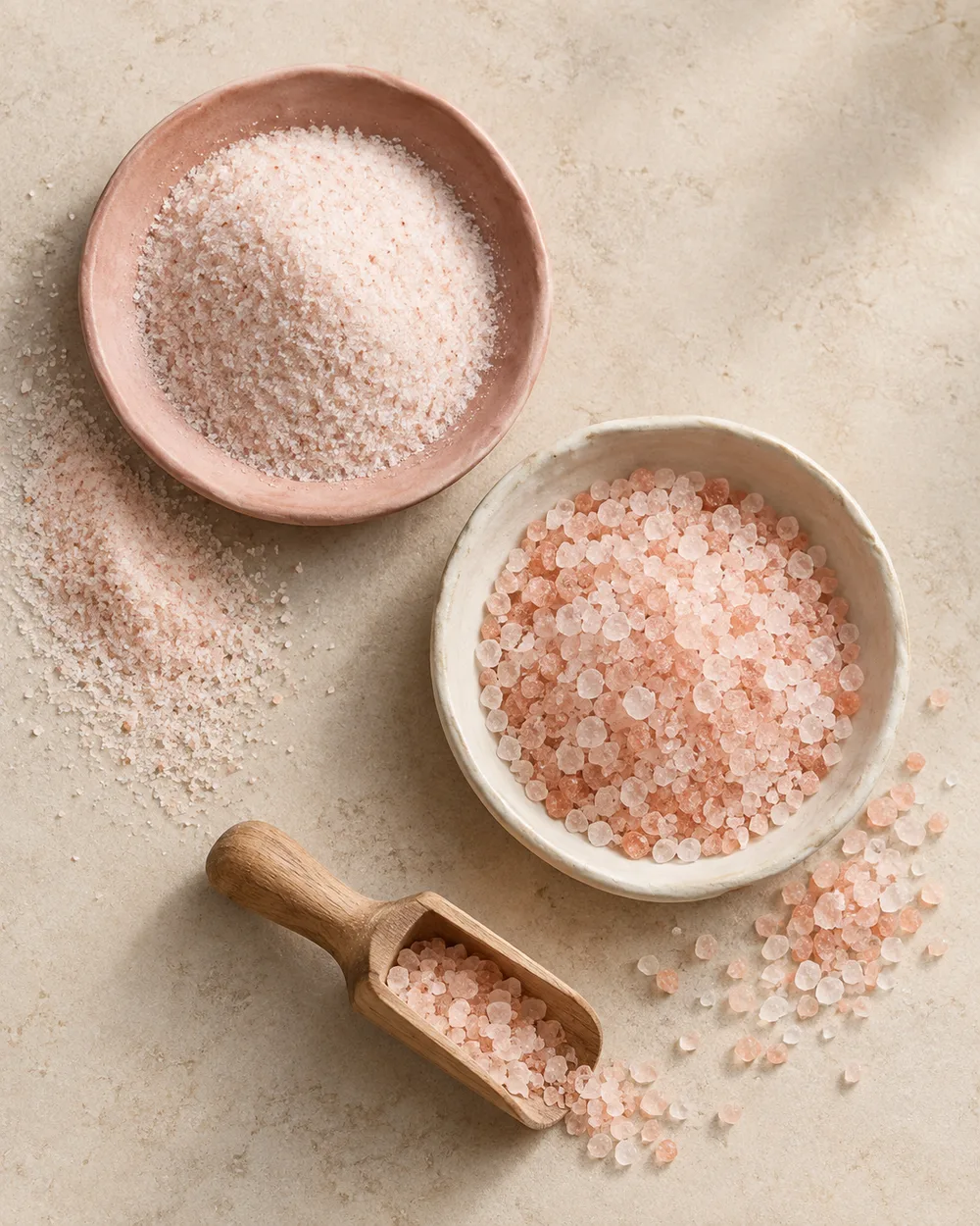 Illustrative comparison of fine pink salt and coarse crystals in two ceramic dishes