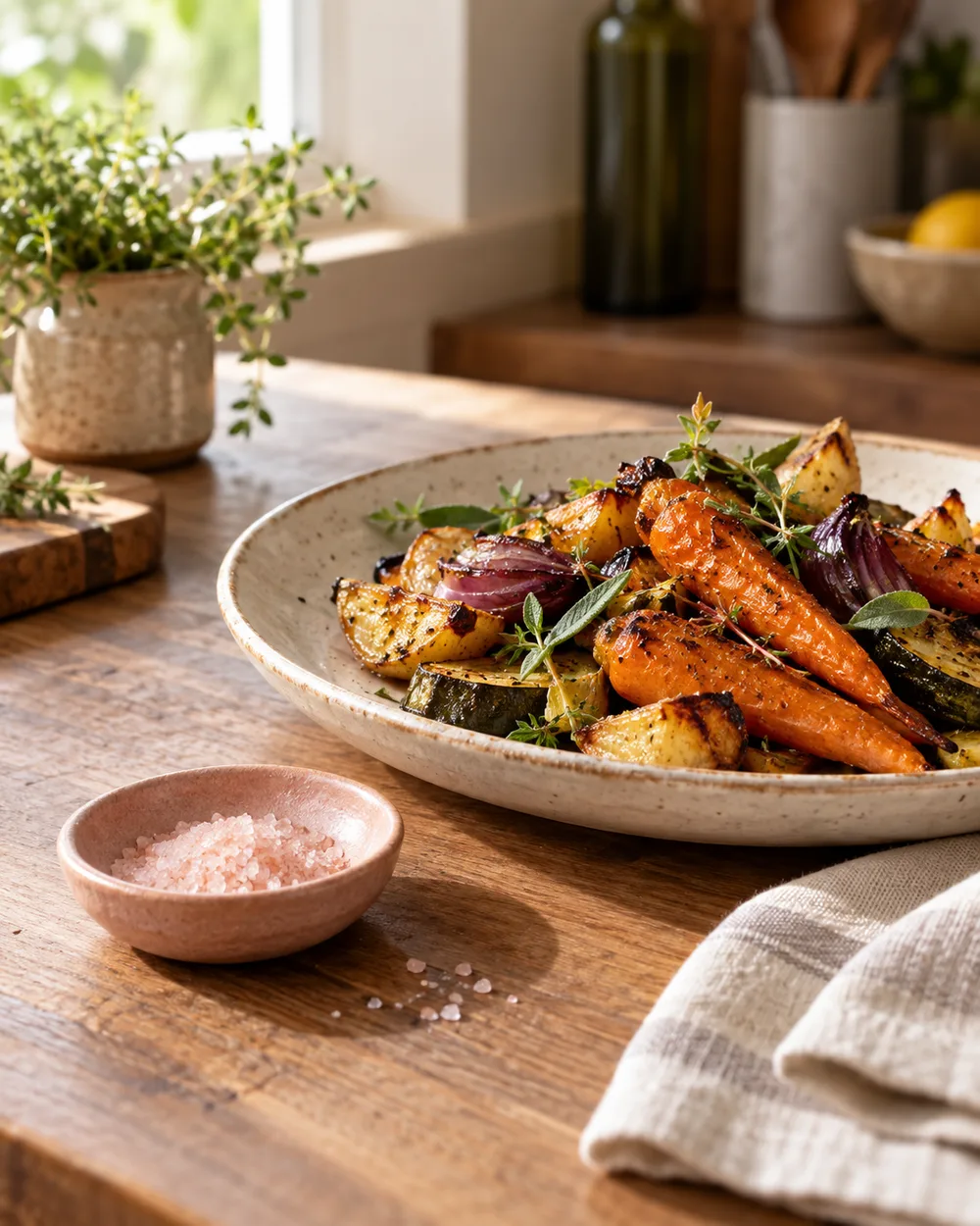 Illustrative kitchen scene with pink salt beside roasted vegetables and fresh herbs